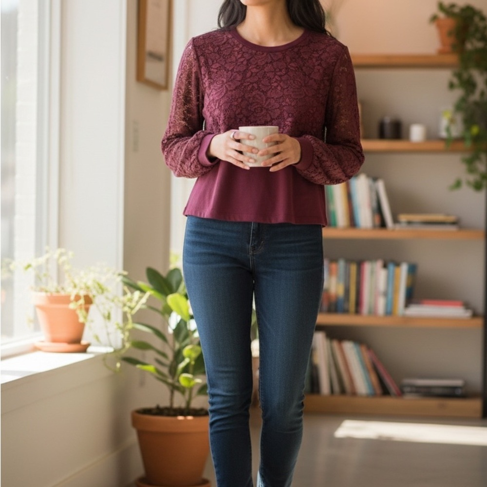 Maeve Burgundy Lace Long Sleeve Sweatshirt